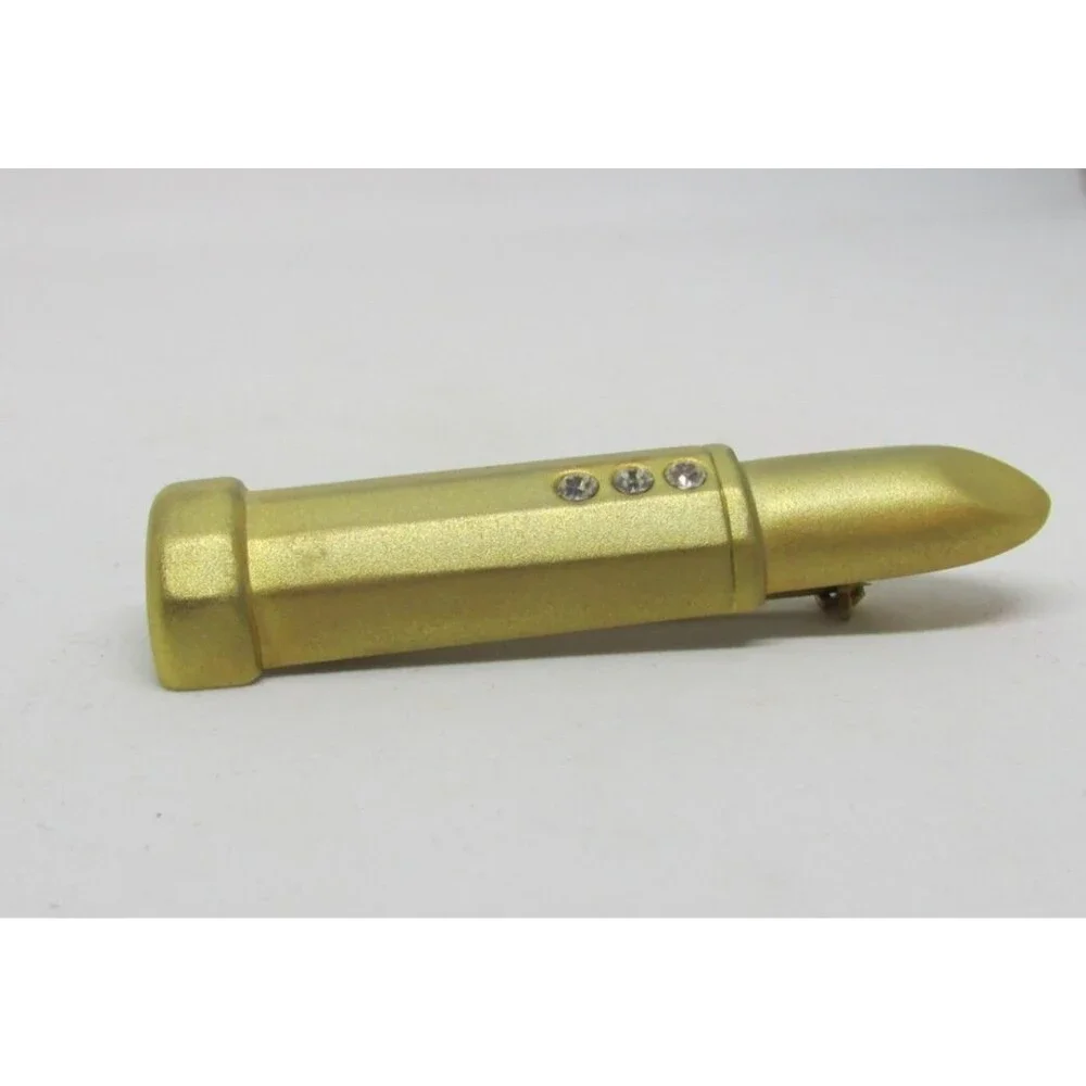 Vintage Gold Tone Lipstick Tube Brooch Pin Matte Finish with Rhinestones 1980s